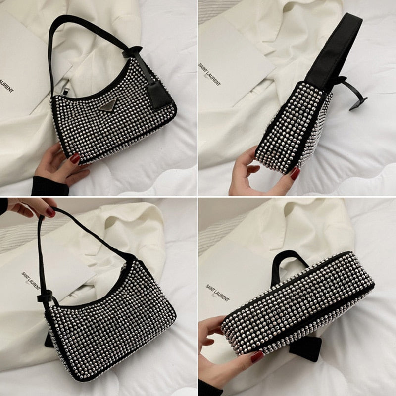 Luxury Diamond Nylon Shoulder Tote Bags For Women 2022 Small Solid Color Women&#39;s Designer Zipper Handbag Female Trend Armpit Bag - Executive-Skincare