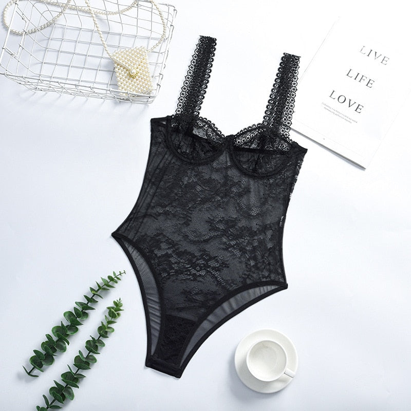 Sexy Lace Bustier and Corset Women Lingerie Flower Embroidery Bodysuit Halter Jumpsuit Underwear Breathable Fabric bustiers bra - Executive Quality Store