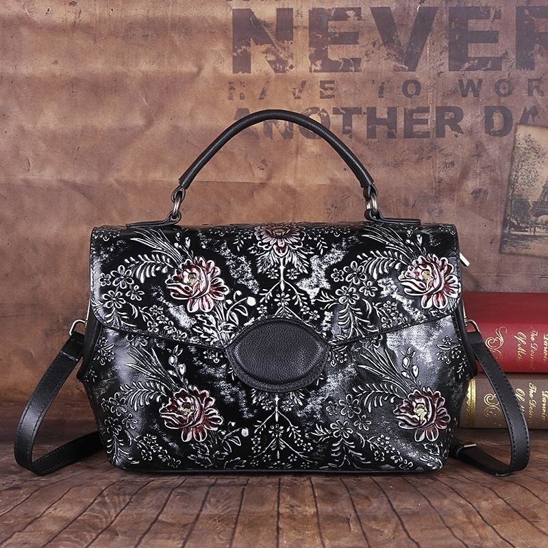 MOTAORA Genuine Leather Vintage Women Shoulder Bag 2022 New Handmade Embossed Cowhide Handbag For Ladies Chinese Style Women Bag - Executive-Skincare