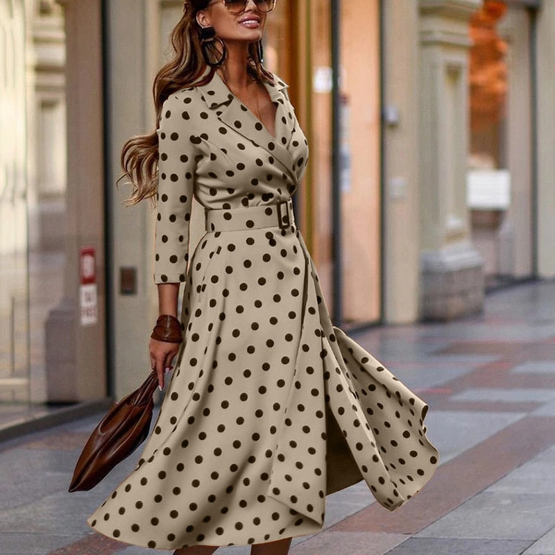 2022 Y2K Spring Autumn Women&#39;s Elegant Dress Fashion V-Neck Polka Dot Print Three-Quarter Sleeve Lace-Up Slit Midi Dress Vestido - Executive-Skincare