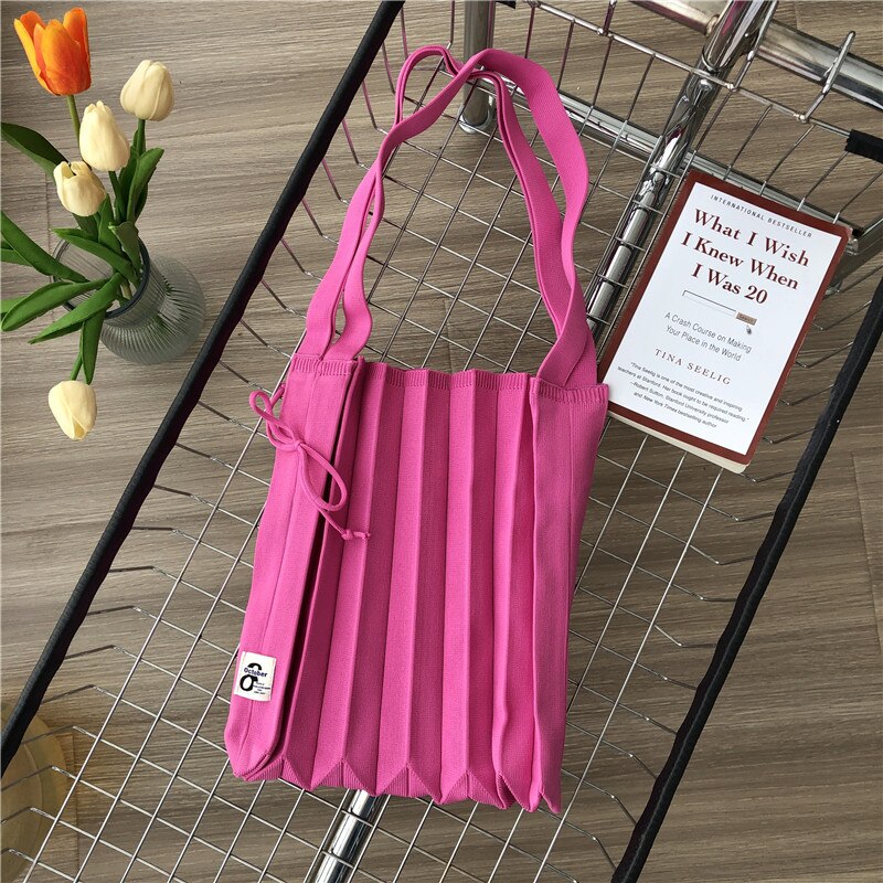 Female Wool Knitted Pleats Tote Organ Bag Designer Chic Stitching Contrast Korean Fashion Shoulder Shopper Handbag For Women - Executive-Skincare