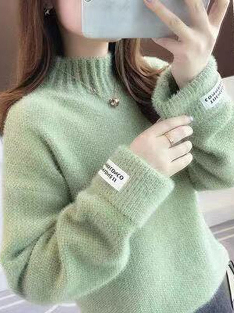 ZOKI Women Half Turtleneck Sweater Autumn Loose Wool Pullover Knitted Jumper Long Sleeve Letter Top Casual Warm Ladies Blouse - Executive-Skincare