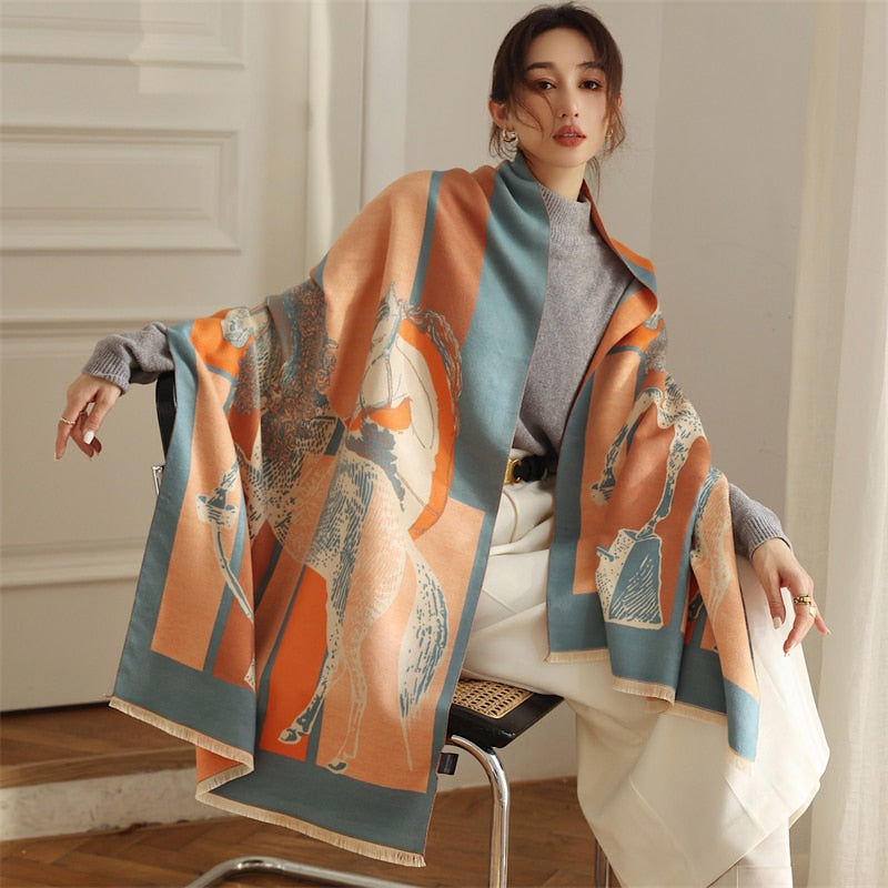 Luxury Horse Print Scarf Women Cashmere Winter Warm Scarves Brand Pashmina Shawls Lady Wraps Bufanda Thick Bandana - Executive-Skincare