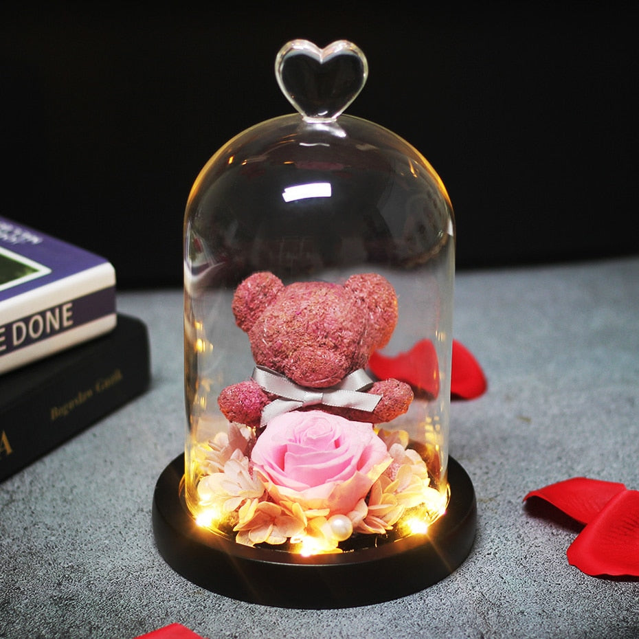 The Beautiful and the Beast Teddy Bear Rose Decor Natural Dried Flowers In Glass Dome LED Mother&#39;s Valentine&#39;s Day Wedding Gift - Executive-Skincare