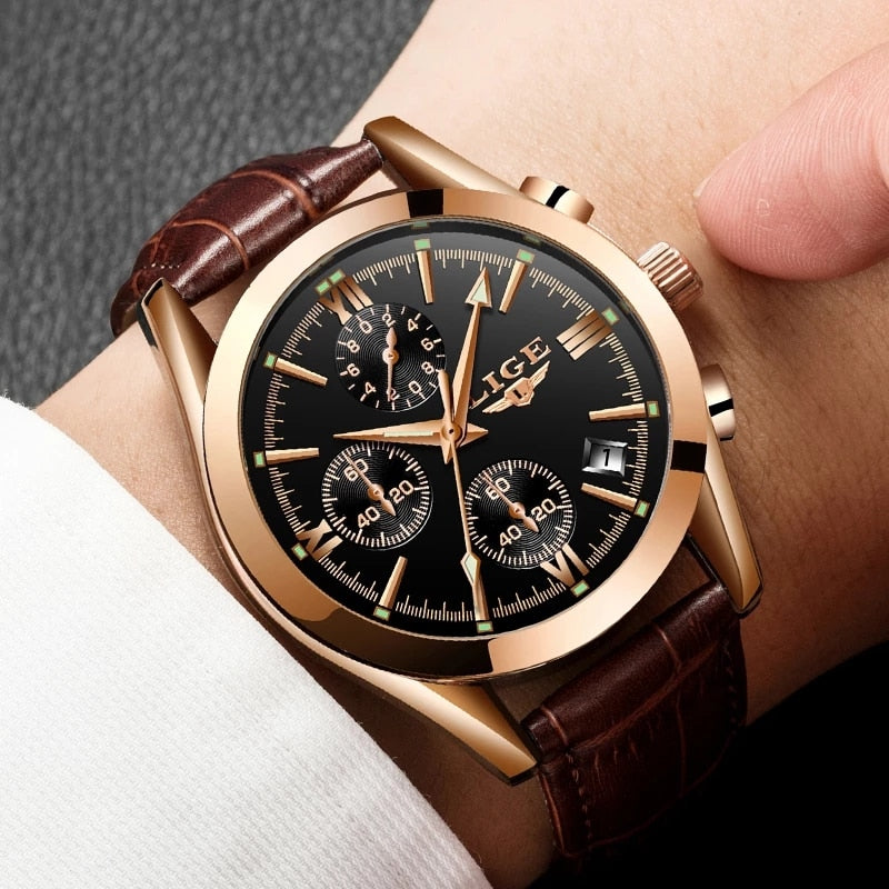 2022 LIGE New Fashion Mens Watches Top Brand Luxury Military Quartz Watch Premium Leather Waterproof Sport Chronograph Watch Men - Executive-Skincare