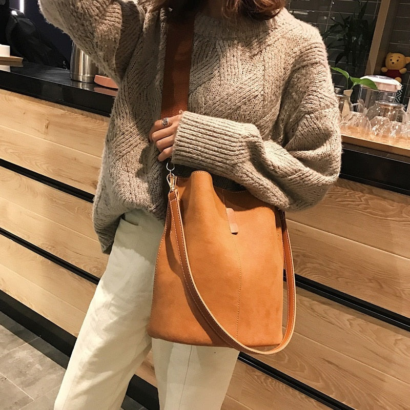 Brand design luxury ladies bucket PU shoulder bag single shoulder large capacity messenger broadband female solid color handbag - Executive-Skincare