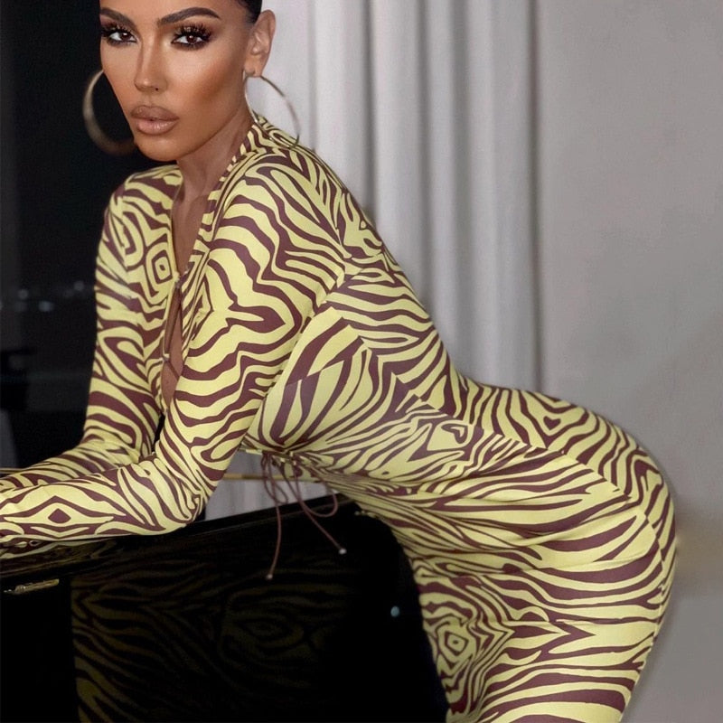 WJFZQM Lace Up Hollow Out Midi Dress Women Zebra Print Long Sleeve Bodycon Sexy Streetwear Party Club Festival Clothes 2022 - Executive-Skincare