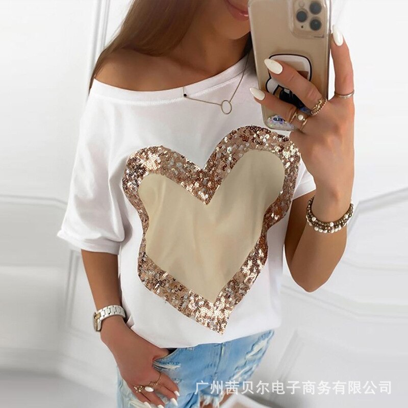 Sequined Heart Printed T-shirts Women Casual Bling Loose Short Sleeve Tee Top Chic  Flash Neck Summer Blusa Streetwear G1765 - Executive-Skincare