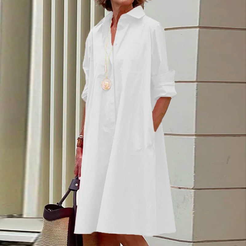 Autumn New Simple Shirt Dress Casual Solid Color Long Sleeves Fashion Turn-down Collar Elegant Pocket Streetwear Female Dresses - Executive-Skincare