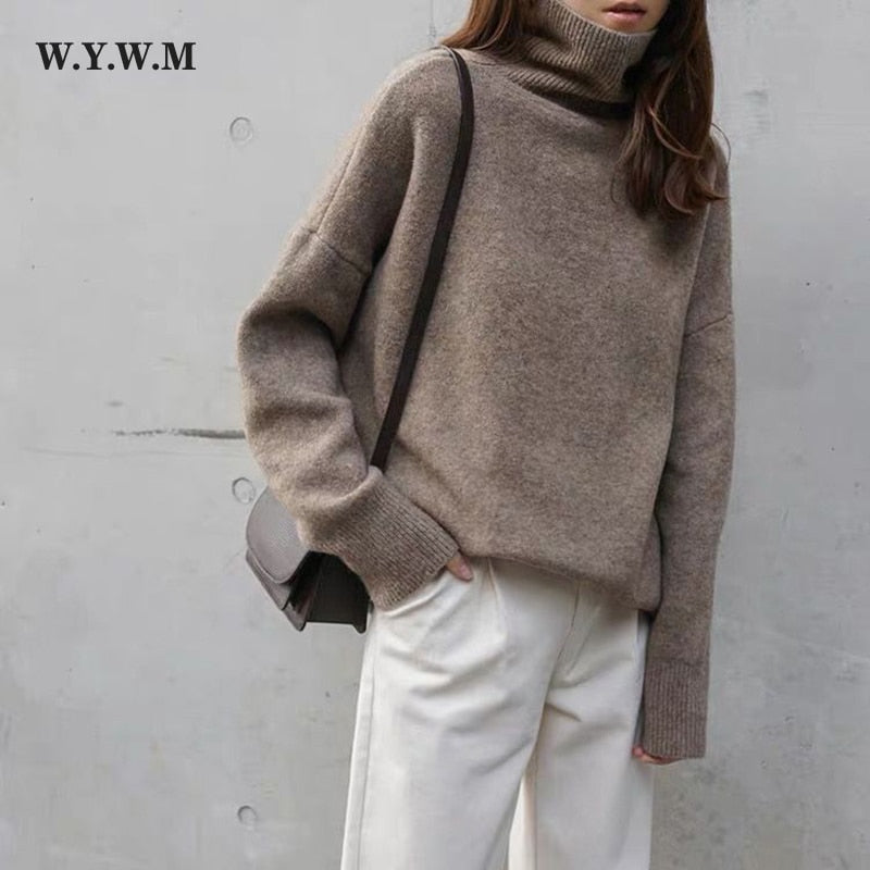 WYWM Turtle Neck Cashmere Sweater Women Korean Style Loose Warm Knitted Pullover 2021 Winter Outwear Lazy Oaf Female Jumpers - Executive-Skincare