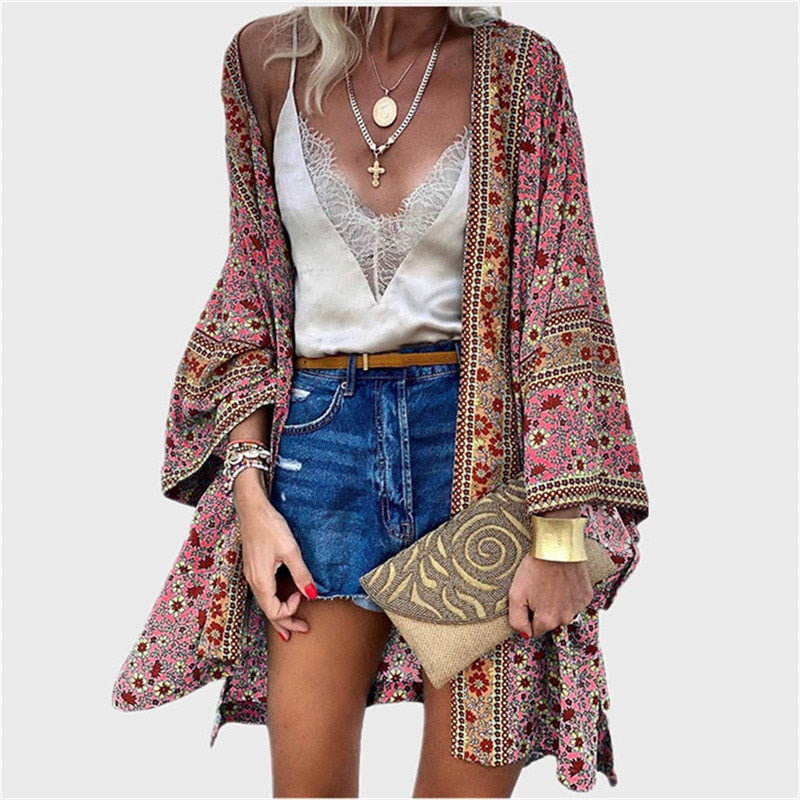 Summer Floral Printed Beach Cover Up Tops Bohemian Kimono Women Long Sleeve Cardigan Casual Loose Holiday Blouse Shirt Cover Up - Executive-Skincare