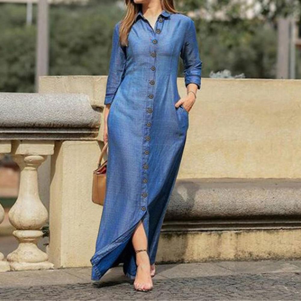 Shirt Dresses Turn-Down Collar 3/4 Sleeve Women Dress Two Pockets Single Breasted Denim Maxi Dress Party Vestidos Robe - Executive-Skincare