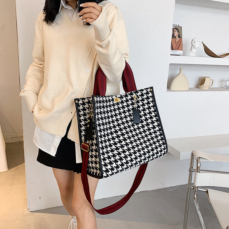 Fashion Houndstooth Handbags Luxury Designer Tote Brand Women&#39;s Bag Large Canvas Shoulder Crossbody Bag Travel Shopper Bag Purse - Executive-Skincare