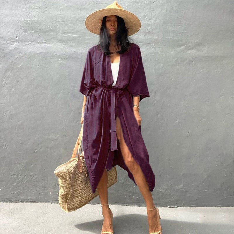 Beach Cover Up Kimono Women Summer 2022 New Pareo Swimsuit Cape Solid Bohemian Tunic Dresses Bathing Suits Dropshipping - Executive-Skincare