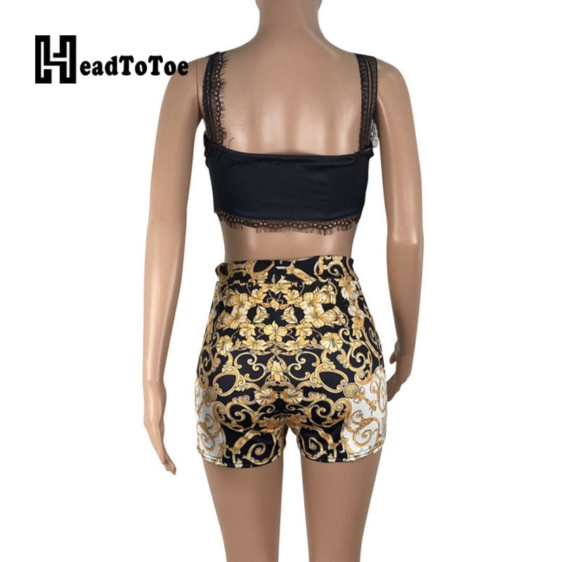 Fashion Print Cami Top &amp; Short Sets Summer 2 Piece Outfits for Women Sexy V Neck Thick Strap Crop Tops and High Waist Shorts Set - Executive Quality Store