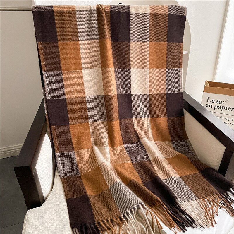 Luxury Brand Winter Plaid Women&#39;s Cashmere Scarf Warm Shawls and Wraps Thicked Wool Pashmina Female Blanket Scarves - Executive-Skincare