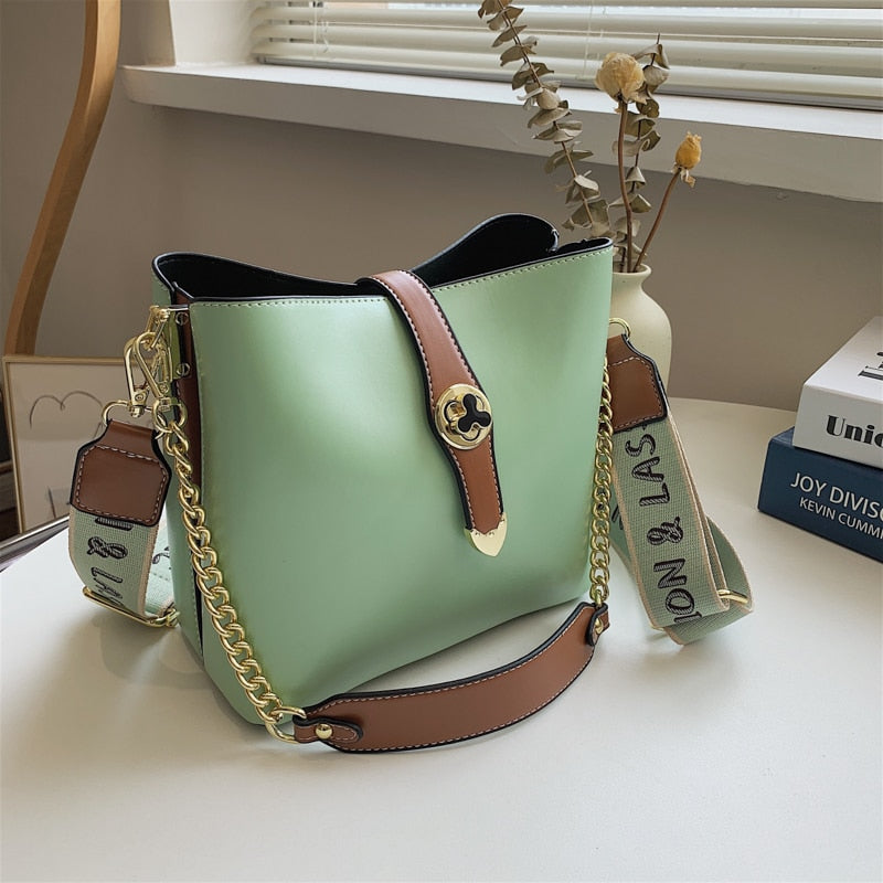 Small Women Bucket Shoulder Bags Contrast Color Leather Ladies Messenger Bag Broadband Crossbody Bags Casual Designer Handbags - Executive-Skincare