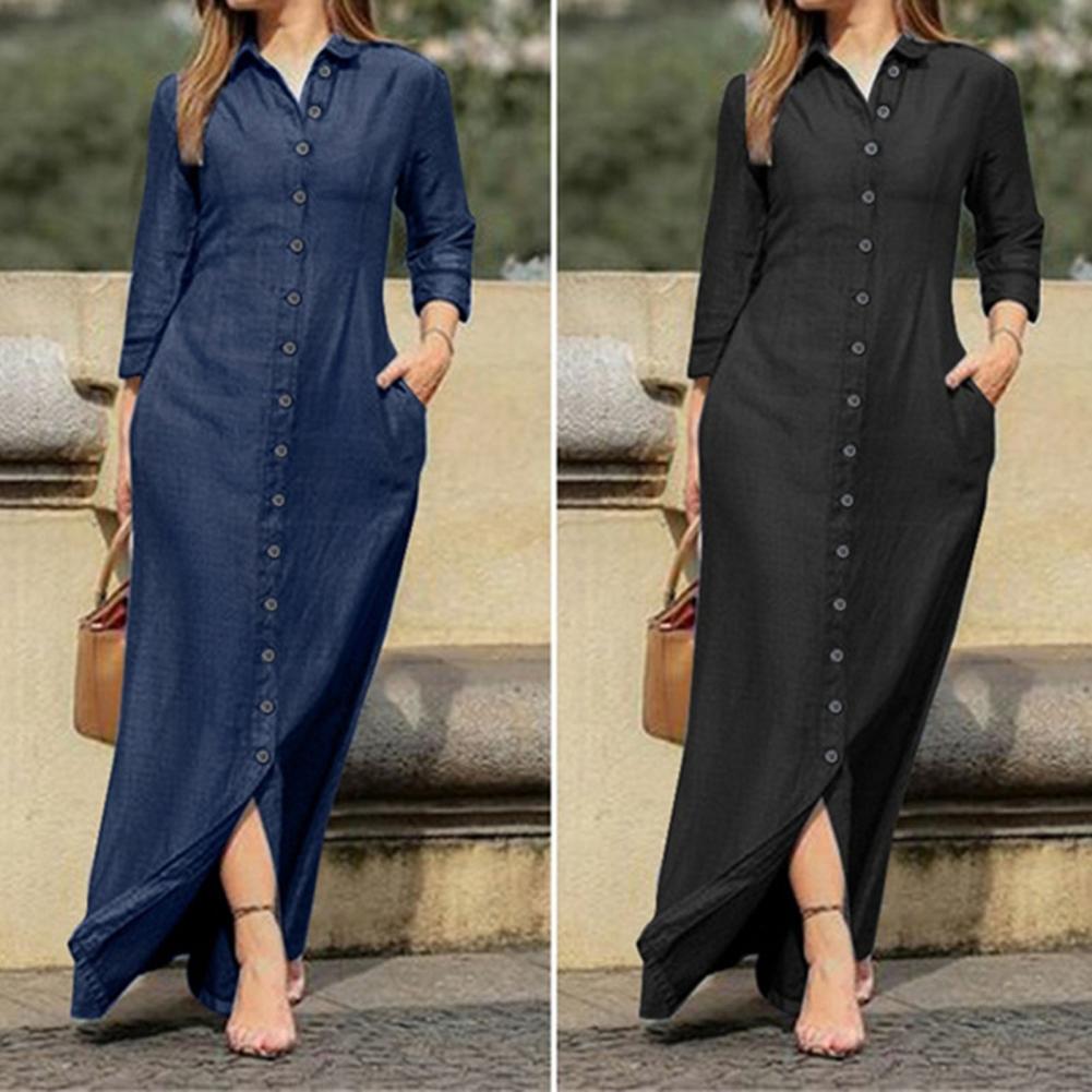 Shirt Dresses Turn-Down Collar 3/4 Sleeve Women Dress Two Pockets Single Breasted Denim Maxi Dress Party Vestidos Robe - Executive-Skincare