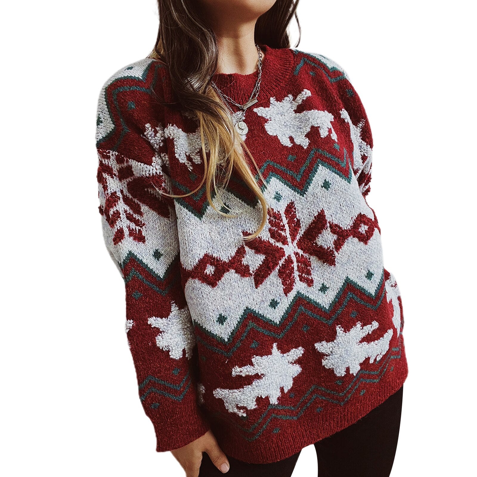 Women s Christmas Reindeer Xmas Snowflake Patterns Knitted Sweater Long Sleeve Crew Neck Pullover Tops Knitted Jumper - Executive-Skincare