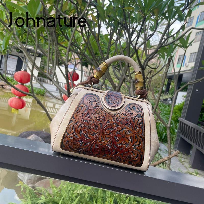 Johnature Luxury Handbag 2022 Autumn New Vintage Handmade Leather Carved Women Bag Versatile Female Shoulder &amp; Crossbody Bags - Executive-Skincare