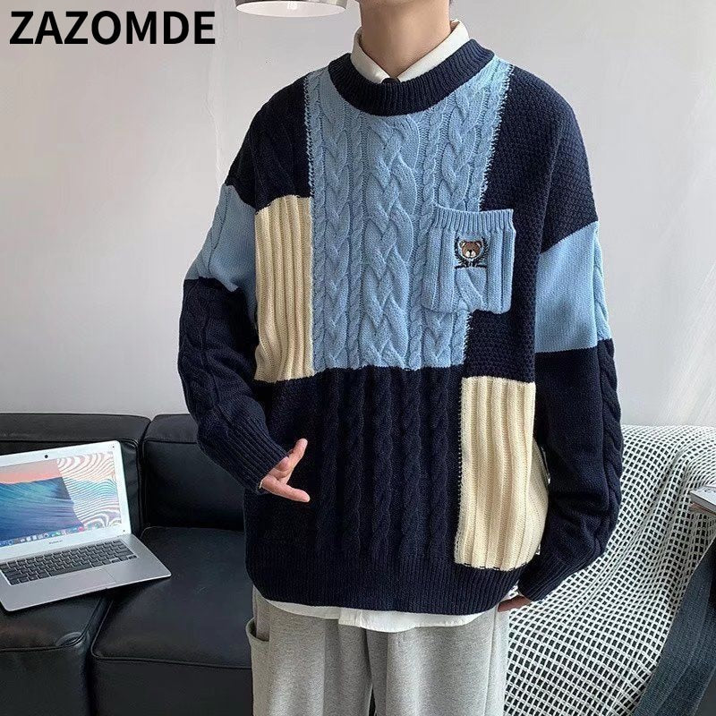 ZAZOMDE Winter Handsome Plaid Sweater Men Harajuku High Street Jumper Thick Warm Kintted Pullover Men Causal Patchwork Sweaters - Executive-Skincare