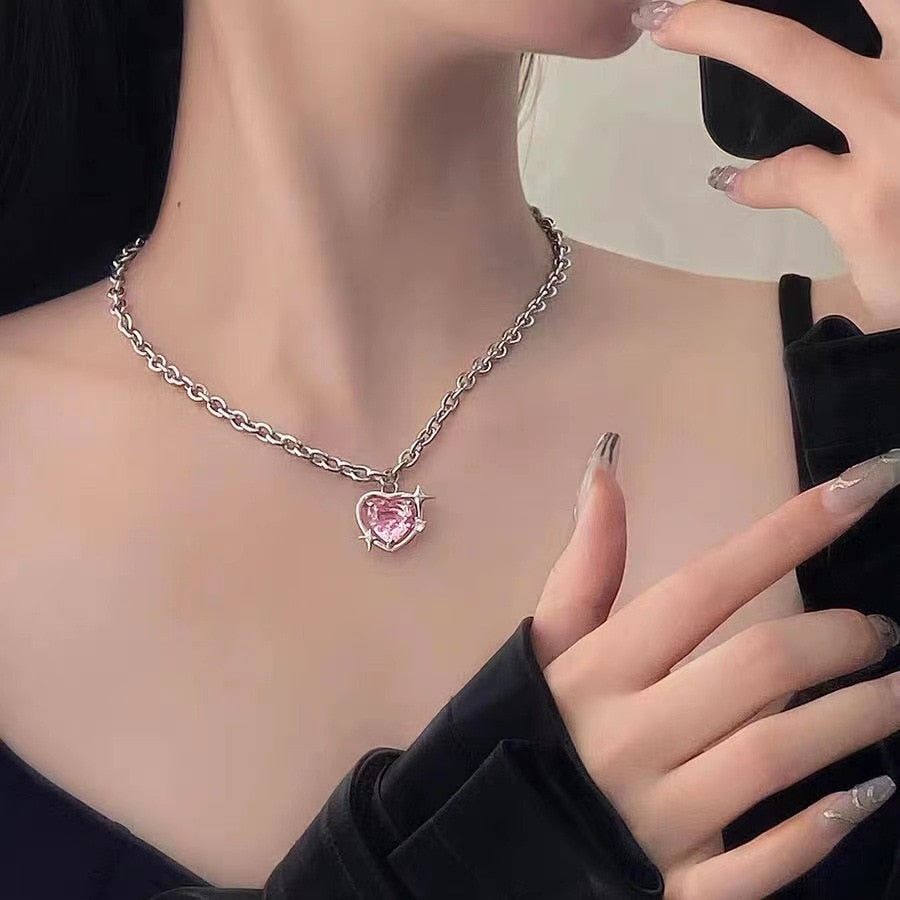 Korean Fashion Pink Heart Zircon Pendant Necklace for Women Charm Collar Chain Valentines Day Gift Wedding Party Jewelry Collare - Executive-Skincare