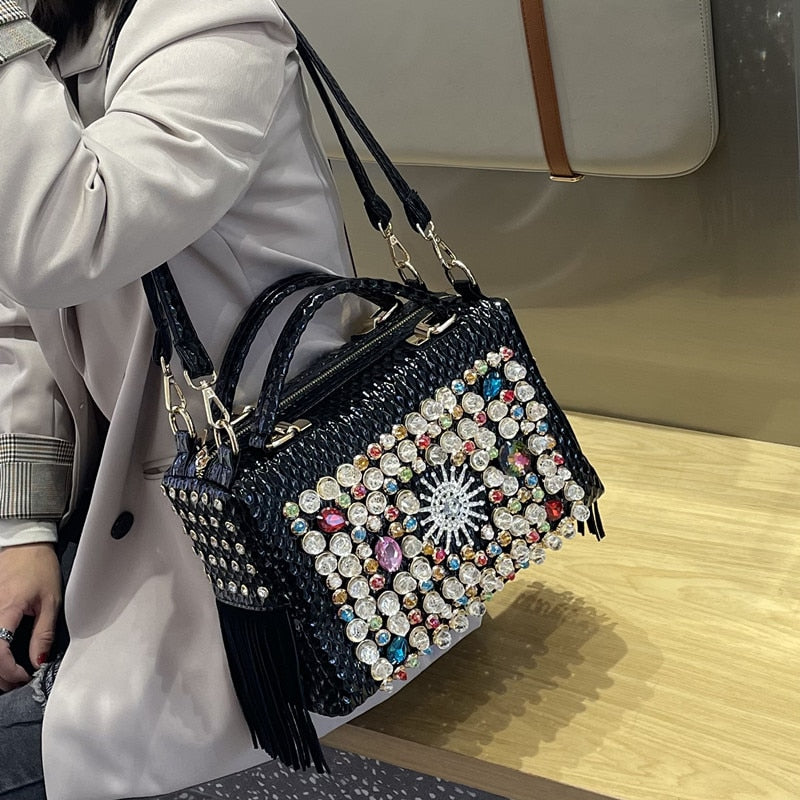 New Luxury Fashion Brand Women&#39;s Handbag Genuine Leather Tassel Fashion Rhinestone Large Capacity Female Shoulder Crossbody Bags - Executive-Skincare