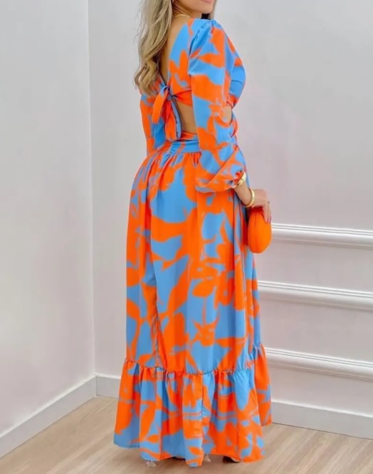 2022 Spring Women Long Sleeved Cutout V-Neck Twist Summer Elegant Tie Dyed Floral Printed Lantern Sleeve Split Thigh Maxi Dress - Executive-Skincare