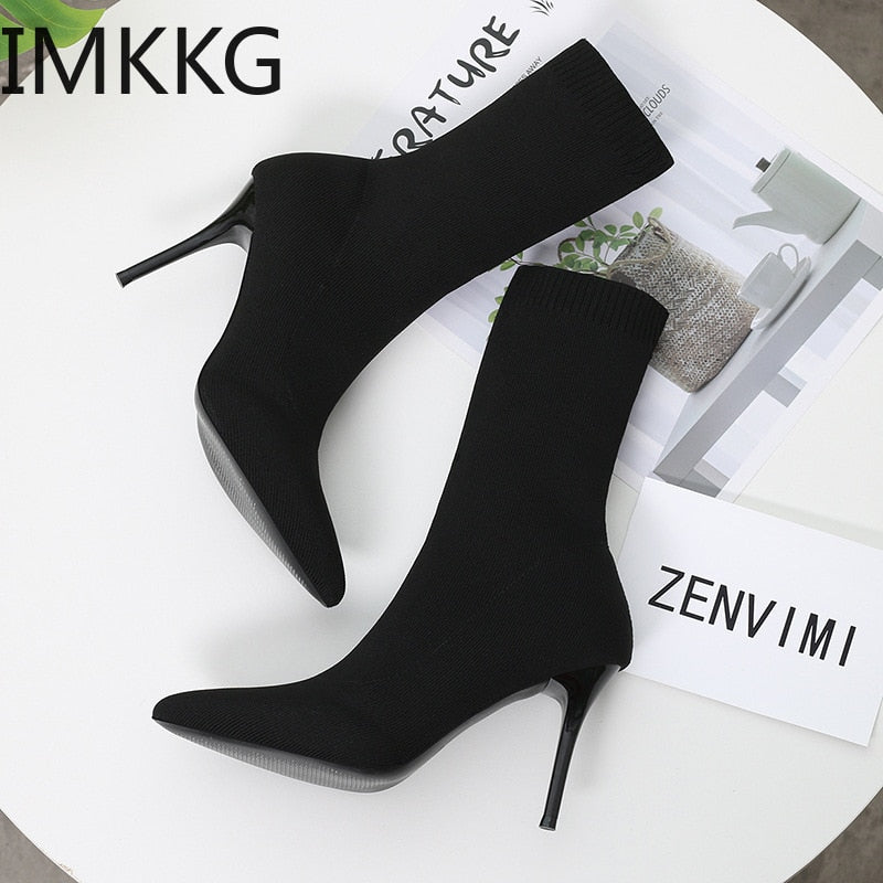 Sock Boots Knitting Stretch Boots High Heels for Women Fashion Shoes Spring Autumn Ankle Boots Female - Executive-Skincare