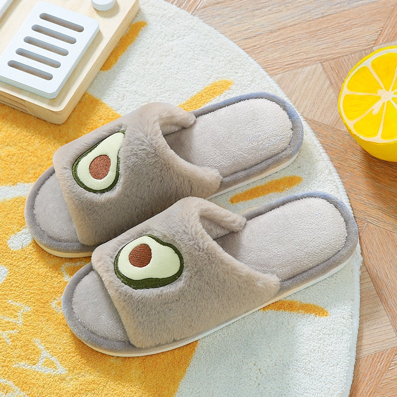 Winter Fur House Women Slippers Cute Cartoon Fruit Avocado Strawberry Bedroom Couples Shoes Warm Plush Ladies Furry Slides - Executive-Skincare