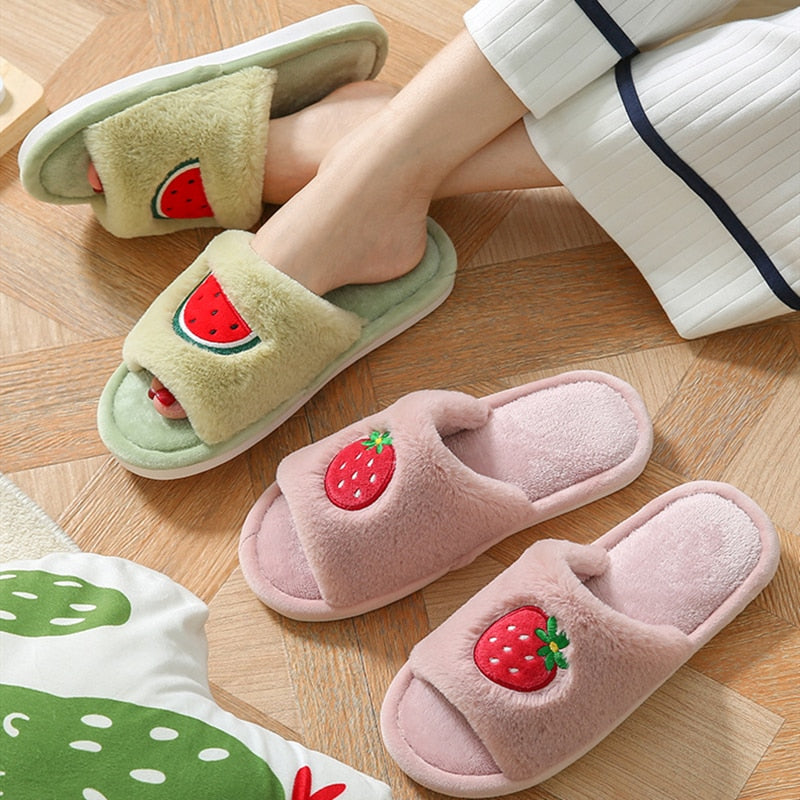 Winter Fur House Women Slippers Cute Cartoon Fruit Avocado Strawberry Bedroom Couples Shoes Warm Plush Ladies Furry Slides - Executive-Skincare