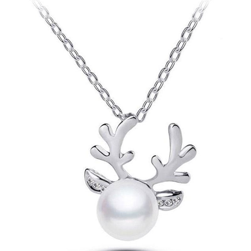 Cute Reindeer Antlers Pearl Chain Pendant Necklace Deer Stag Christmas Present  Necklace Christmas Decoration Reindeer - Executive-Skincare