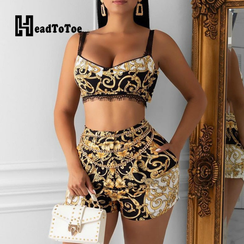 Fashion Print Cami Top &amp; Short Sets Summer 2 Piece Outfits for Women Sexy V Neck Thick Strap Crop Tops and High Waist Shorts Set - Executive Quality Store