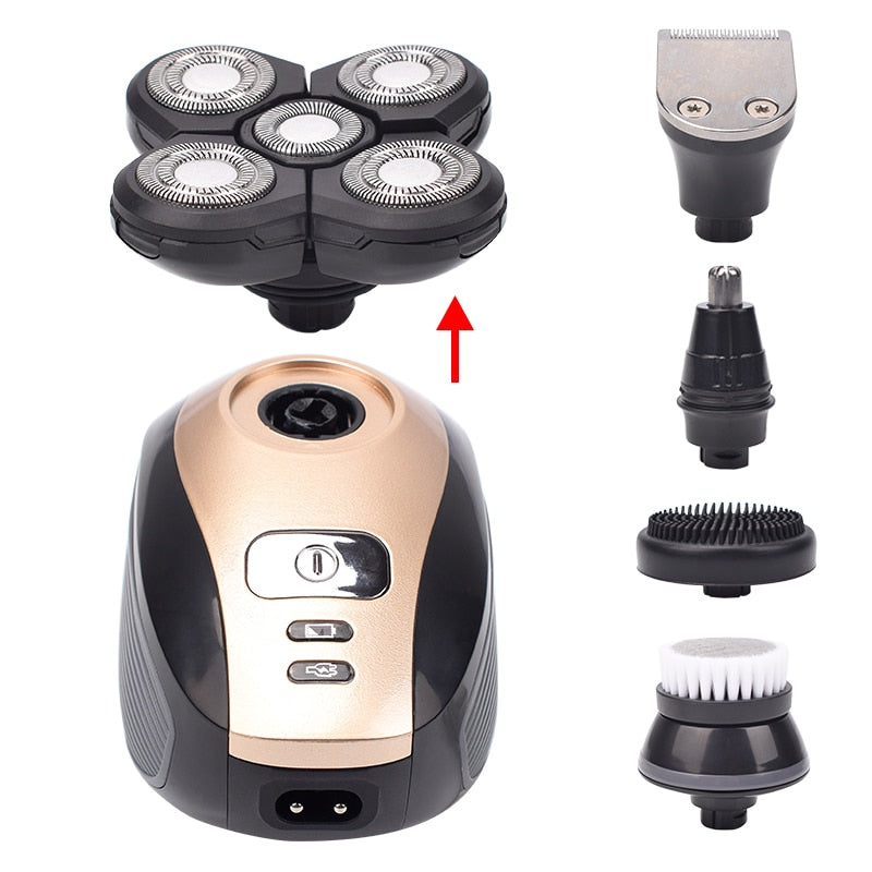 5 In 1 4D Men&#39;s Rechargeable Bald Head Electric Shaver 5 Floating Heads Beard Nose Ear Hair Trimmer Razor Clipper Facial Brush - Executive-Skincare