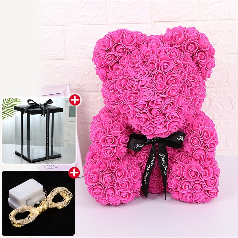 Rose Bear Artificial Flower With Box and Light Rose Teddy Bear Wedding Decor Christmas Women Valentines Girlfriend Birthday Gift - Executive-Skincare