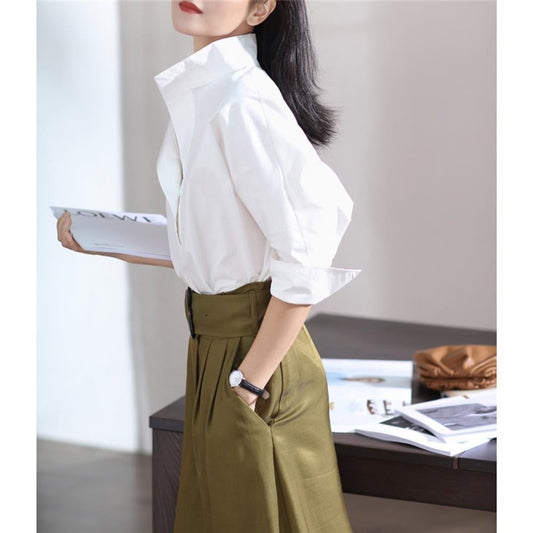 2022 New Autumn Fashion Women&#39;s Casual Three-quarter Sleeve Cotton Shirt Elegant Stand Collar White Office Lady Loose Blouse Top - Executive Quality Store