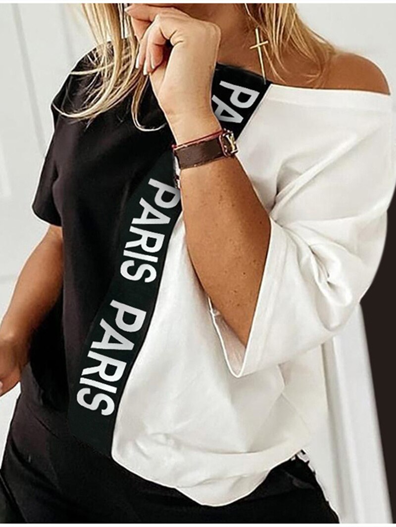 Off Shoulder Tracksuit Women Two Piece Set Summer Clothes Letter Print Colorblock Tshirt Top Long Pants Suit Women Set Outfits - Executive-Skincare