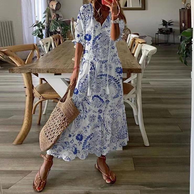 White Maxi Summer Dress Elegant Short Sleeve Hollow Out Bohemian Dresses for Women Loose Fit V Neck Loose Sundress Vestidos - Executive-Skincare