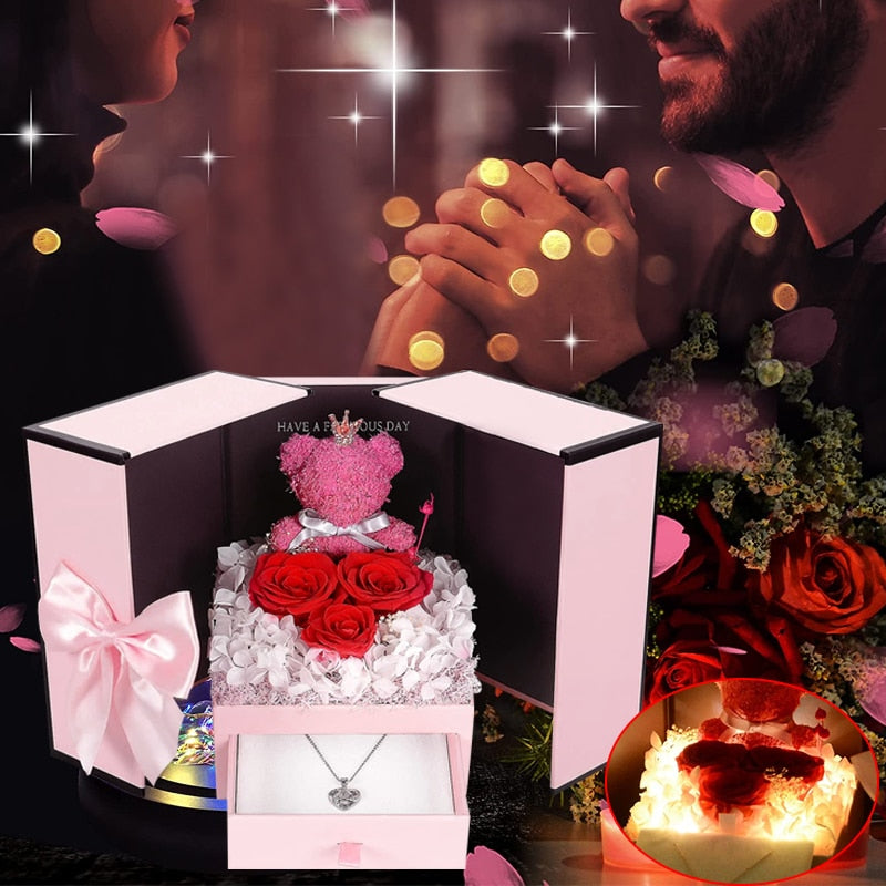 Luminous Preserved Flower Box Light Up Rose Bear Gift Box Artificial Flower Valentines Day Birthday Anniversary Girlfriend Gift - Executive-Skincare