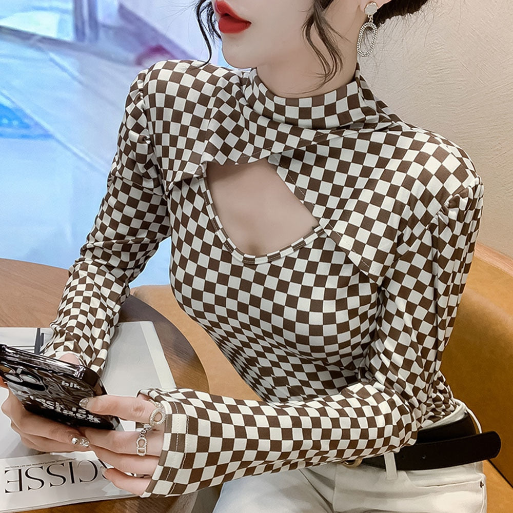 Fashion Checkerboard  High Neck Sexy Hollow out Tops Slim Spring Women Cotton T shirt - Executive Quality Store