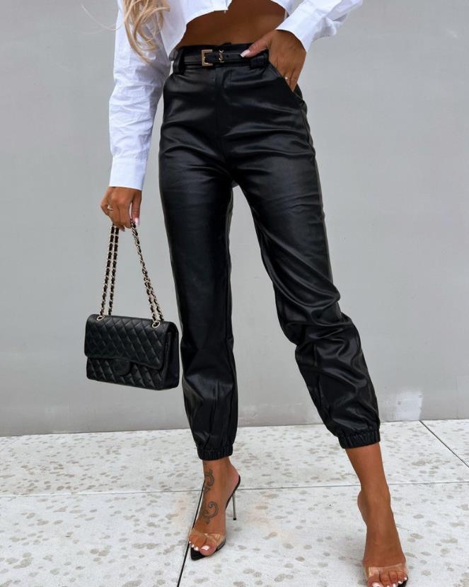 Pu Leather High Waist Cuffed Long Pants Casual Casual New Fashion Bottoms for Women 2022 New Female Clothes Trousers outfits - Executive-Skincare