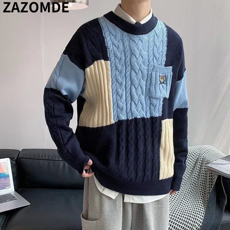 ZAZOMDE Winter Handsome Plaid Sweater Men Harajuku High Street Jumper Thick Warm Kintted Pullover Men Causal Patchwork Sweaters - Executive-Skincare