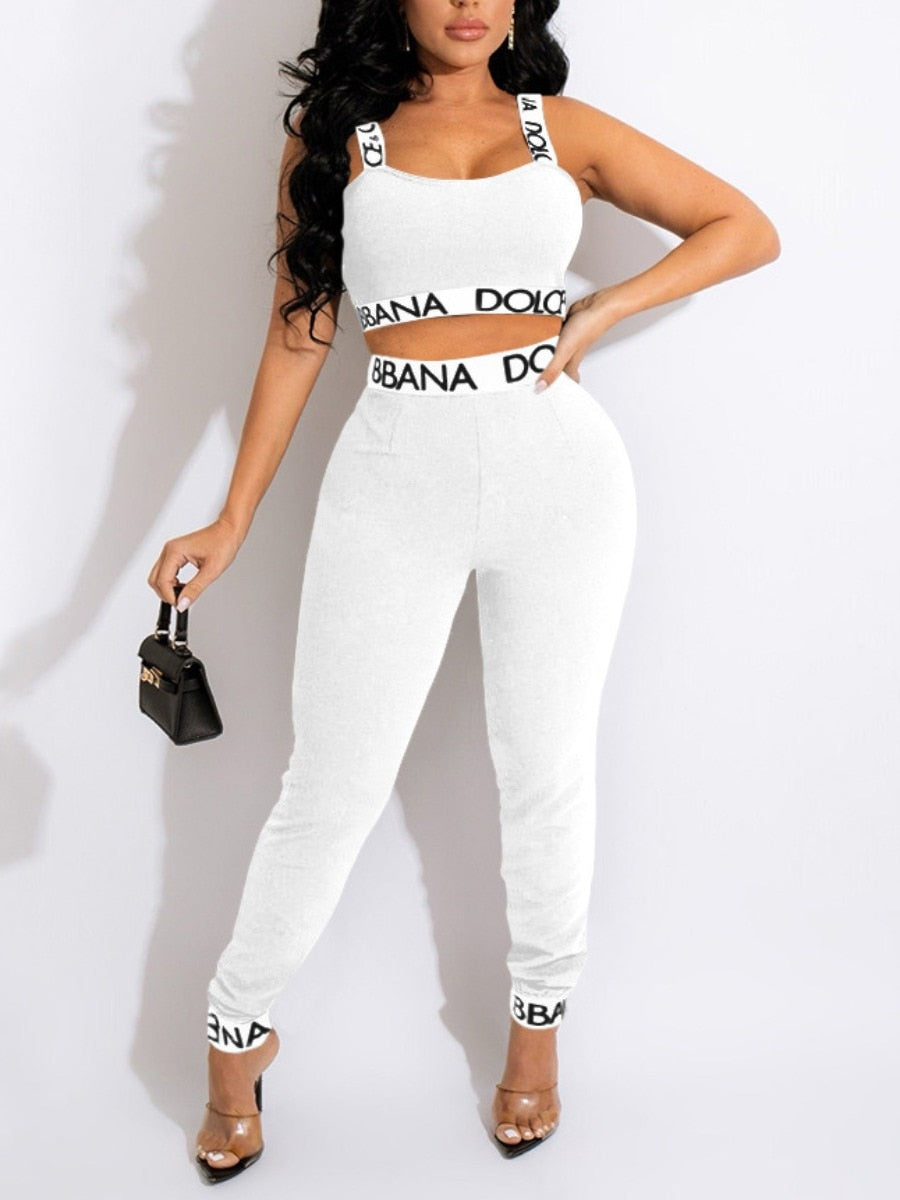 LW Two Piece Set Women Crop Tops and Pants Cami Letter Print Summer Elegant Classic Casual Sleeveless Medium Stretchy Outfits - Executive-Skincare