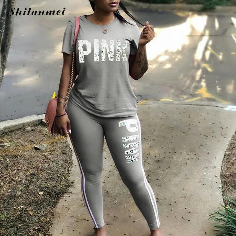 2022 New Tracksuit For Women Pink Letter Print Two Piece Sets Casual 2 PCS Outfits Short Sleeve T Shirt Pants Suits Matching Set - Executive Quality Store