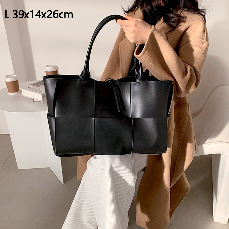 JIOMAY Large Capacity Handbags for Women 2022 Fashion Leather Woven Tote Bags Designer Solid Color Lacing Plaid PU Shoulder Bags - Executive-Skincare