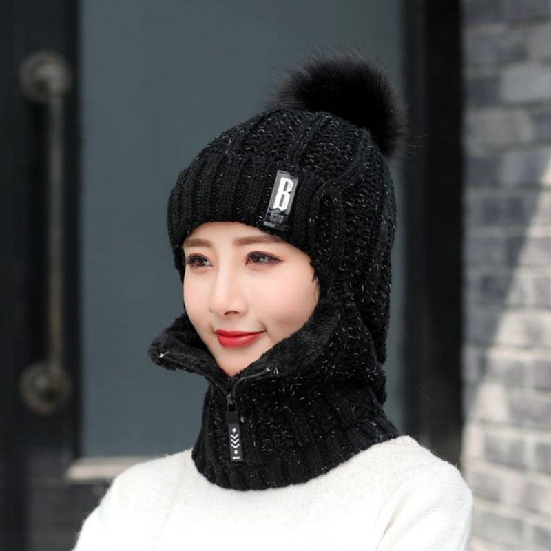 Women Wool Knitted Hat Ski Hat Sets Windproof Winter Outdoor Knit Thick Siamese Scarf Collar Warm Keep Face Warmer Beanies Hat - Executive-Skincare