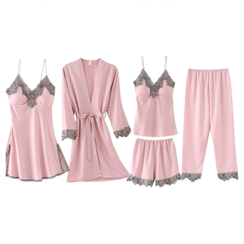 5pcs Silk Robe Set Women Lace Pajamas Gown Set V-Neck Nighties Wear Home Nightwear Pijama Sleepsuit Spring Nightdress