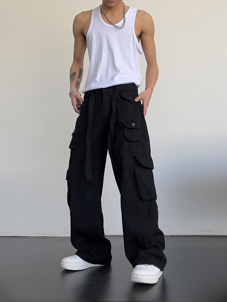 High street retro casual large pocket overalls men&#39;s and women&#39;s new summer high waist loose straight tube draped wide leg pants - Executive-Skincare