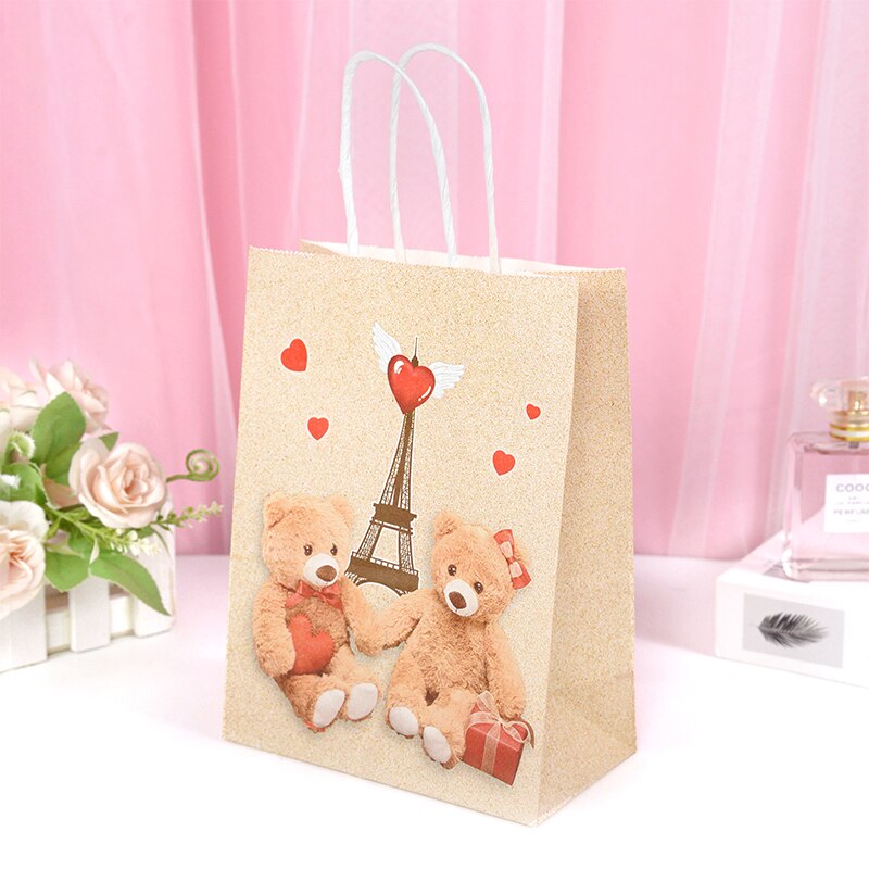 5pcs Love Heart Bear Kraft Paper Bags Valentines Day Gift Packaging Anniversary Wedding Cookie Candy Bag Birthday Party Supplies - Executive-Skincare