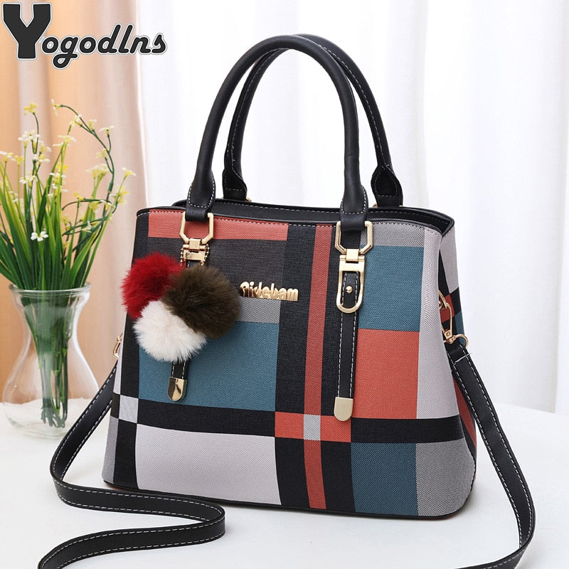 PU Leather Ladies HandBags and Purse Women Vintage Plaid Design Messenger Bags Tote Large Capacity Boston Shoulder Crossbody Bag - Executive-Skincare